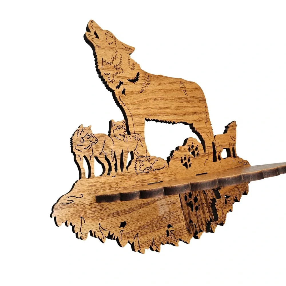 Rustic‎ Scroll Cut Wood Wolf Pack Floating Wall Shelf Howling Wolves Cabin Decor